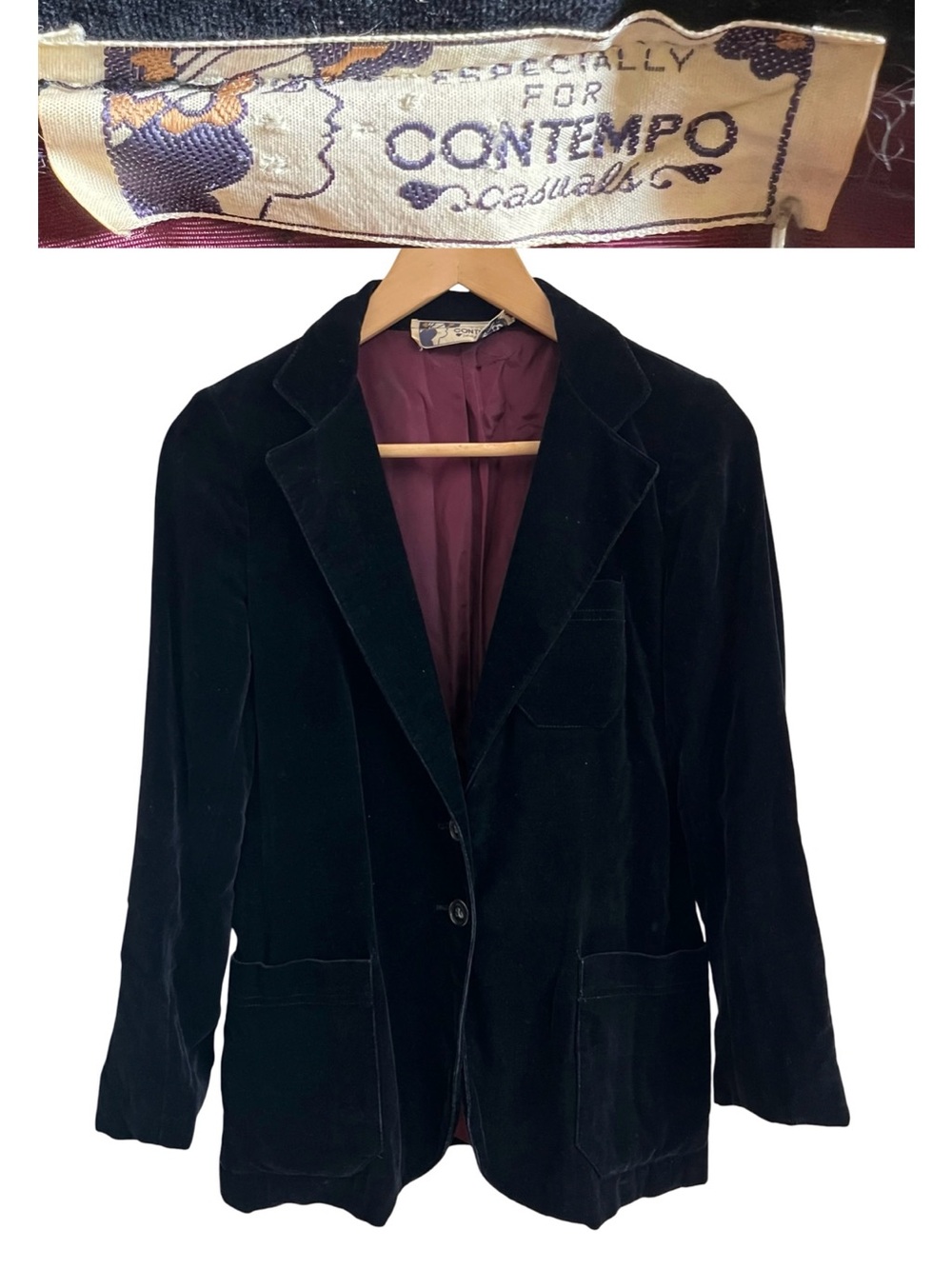 VTG 1970s Contempo Casuals Black Velvet Blazer w Pockets Classic Vampy Goth Sz S